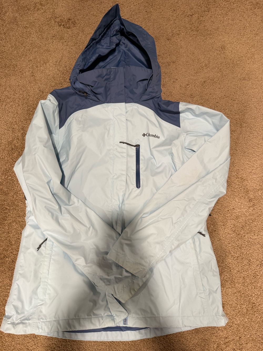 Columbia Light Blue and Navy Women's Waterproof Hooded Raincoat